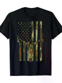 Camo US Flag Deer Skull Vintage Hunting Patriotic Hunt Dad T-Shirt (Color: Black, size: L)